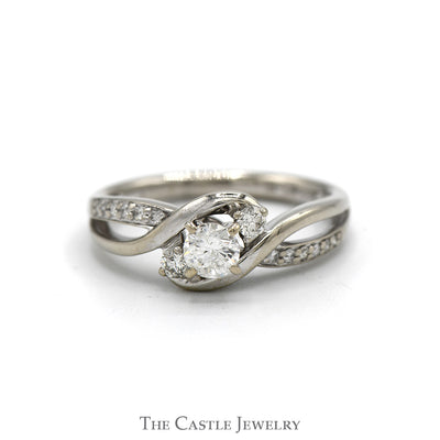 1/2cttw Three Stone Engagement Ring with Diamond Accents in 14k White Gold Bypass Mounting