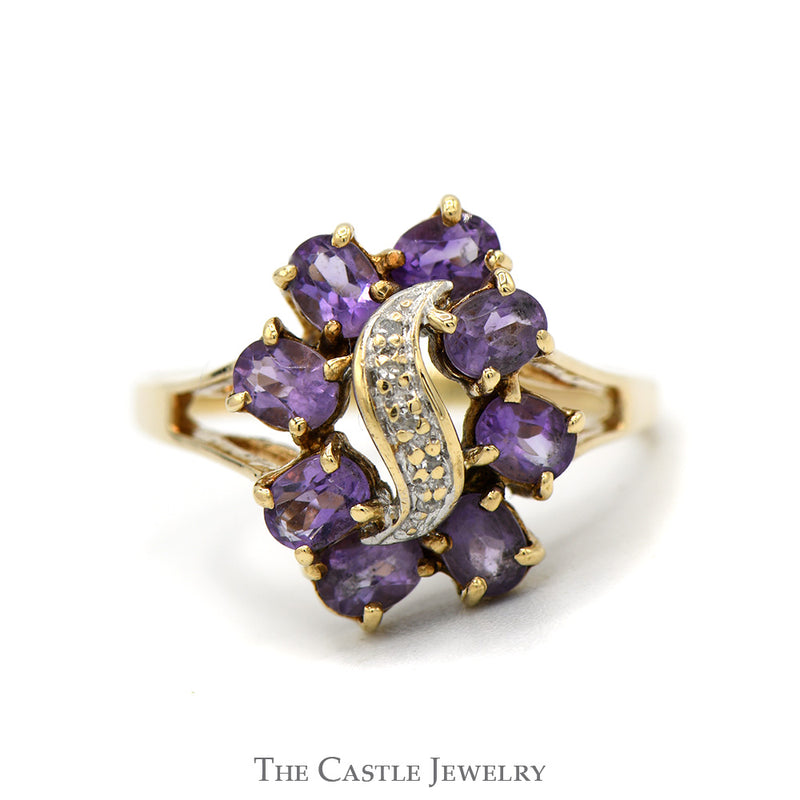 Oval Amethyst Cluster Ring with Illusion Set Diamond Accents in 10k Yellow Gold