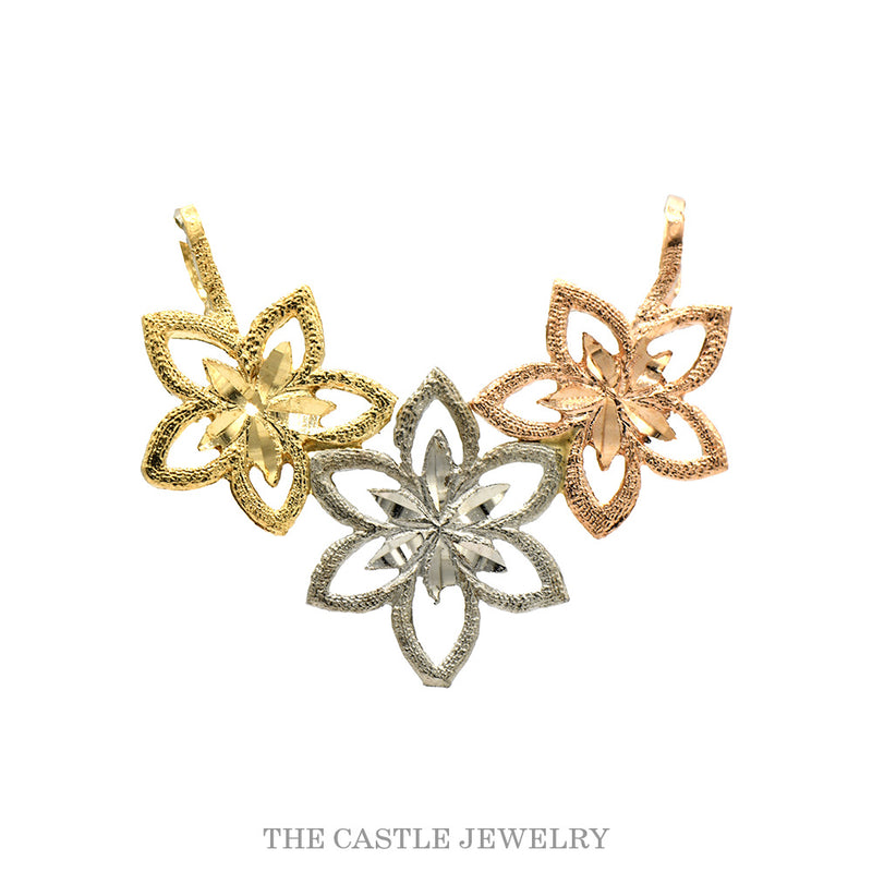Tri-Gold Open Flower Designed Slide Pendant in 14k Yellow, White & Rose Gold