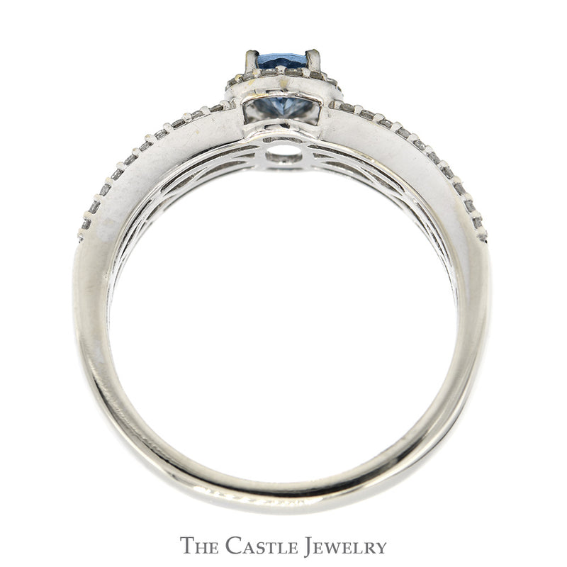 Oval Blue Topaz Ring with Halo & Cocoa Diamond Accented Sides in 14k White Gold