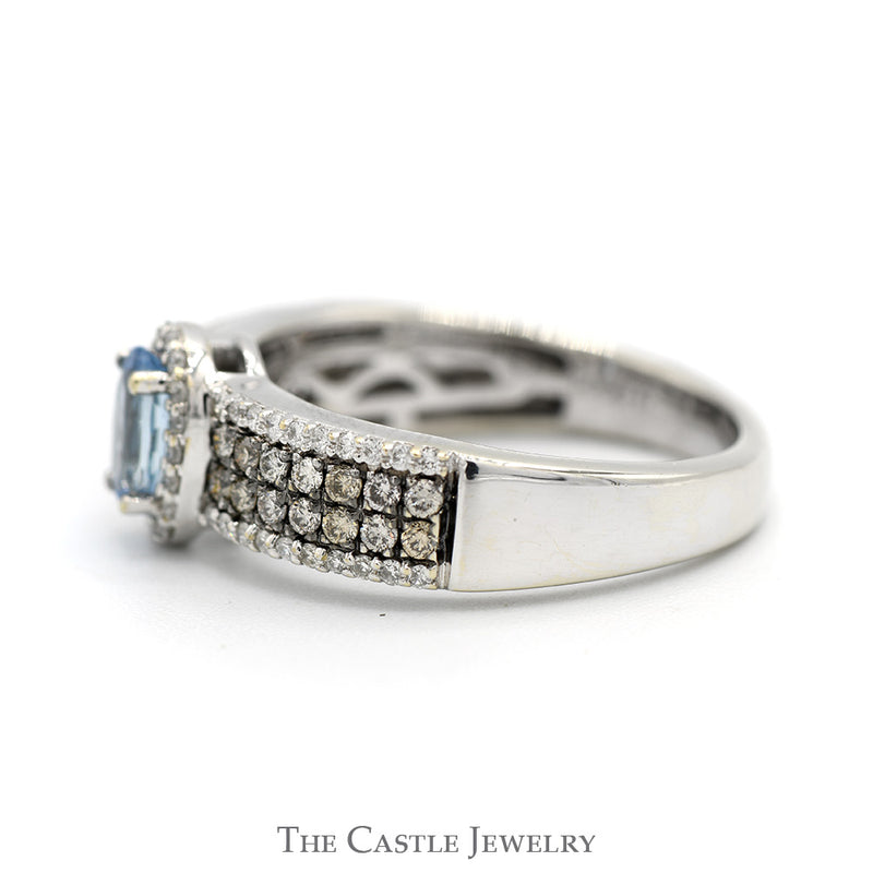 Oval Blue Topaz Ring with Halo & Cocoa Diamond Accented Sides in 14k White Gold