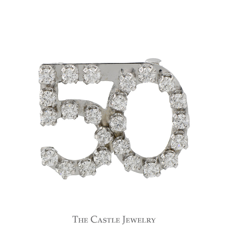 1cttw Round Diamond '50' Pin in 14k White Gold for 50th Birthday/Anniversary