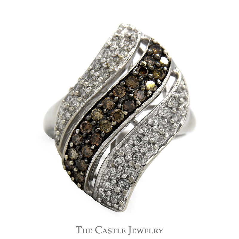1cttw Wave Designed Cocoa and White Diamond Cluster Ring in 10k White Gold