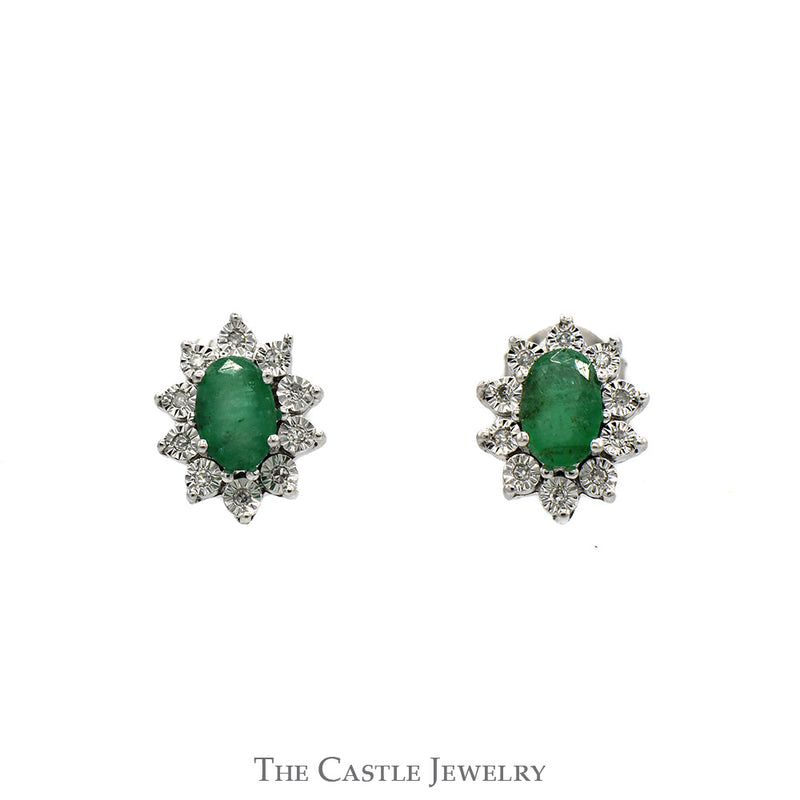 Stunning Oval Emerald Earrings with Diamond Halos in 10k White Gold
