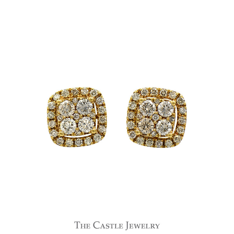 Square Shaped 2cttw Diamond Cluster Stud Earrings with Diamond Halo in 10k Yellow Gold