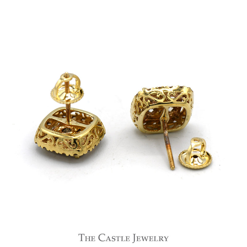 Square Shaped 2cttw Diamond Cluster Stud Earrings with Diamond Halo in 10k Yellow Gold
