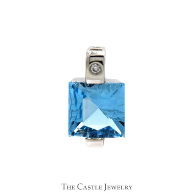 Princess Cut Blue Topaz Pendant with Diamond Accent in 14k White Gold