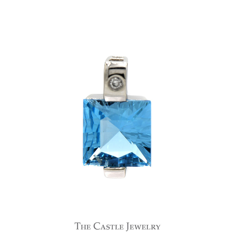 Princess Cut Blue Topaz Pendant with Diamond Accent in 14k White Gold