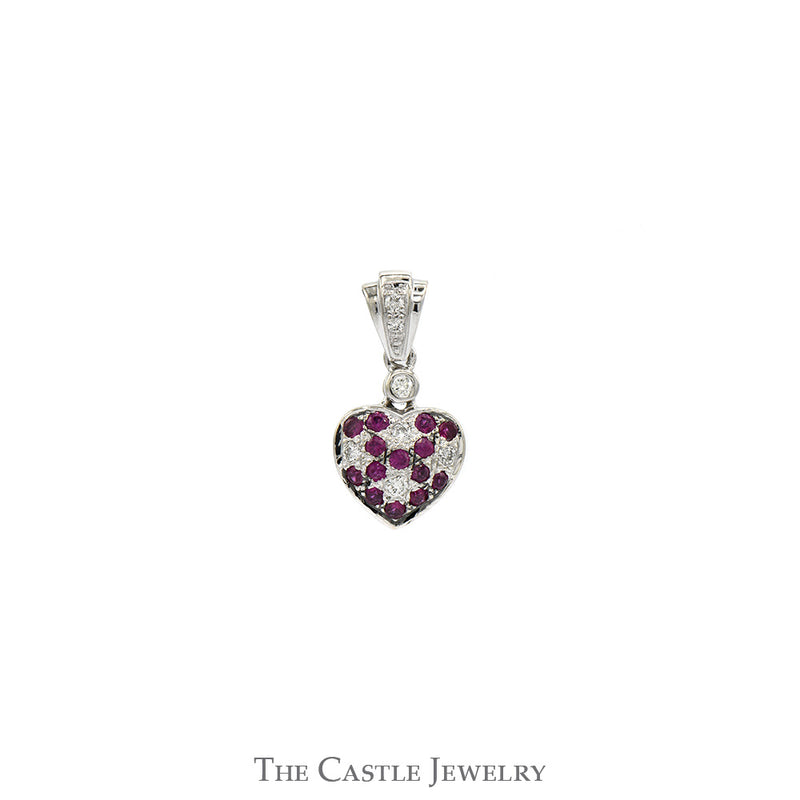 Heart Shaped Pendant with Ruby and Diamond Cluster in 14k White Gold