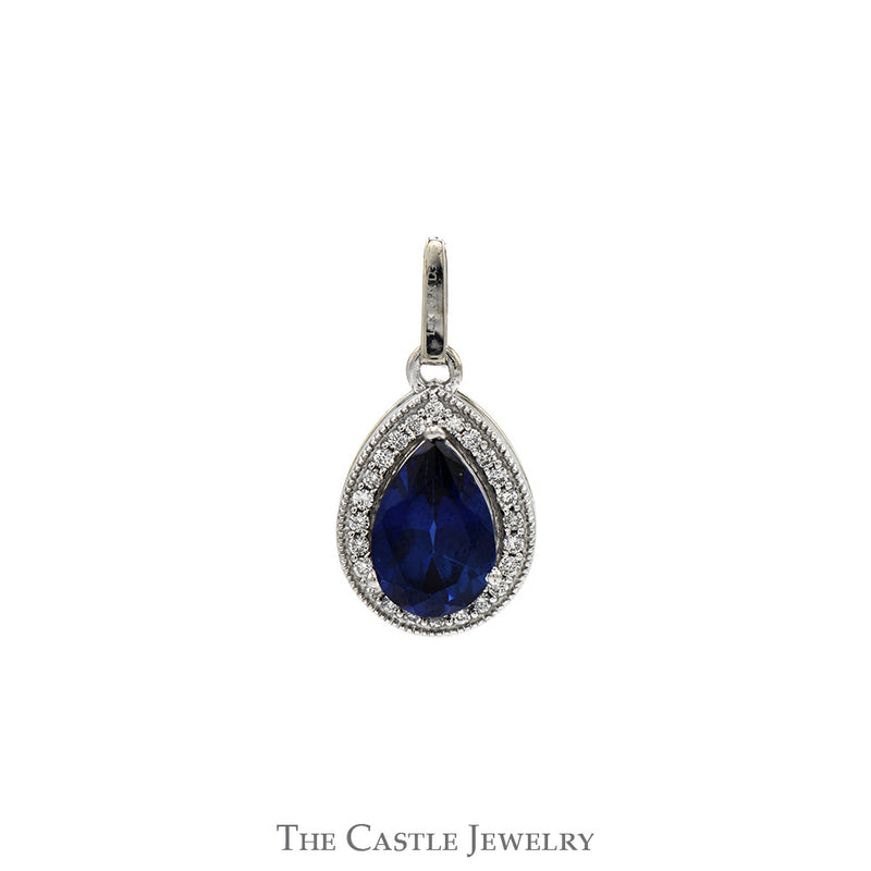 Pear Cut Sapphire Pendant with Diamond Halo in 10k White Gold