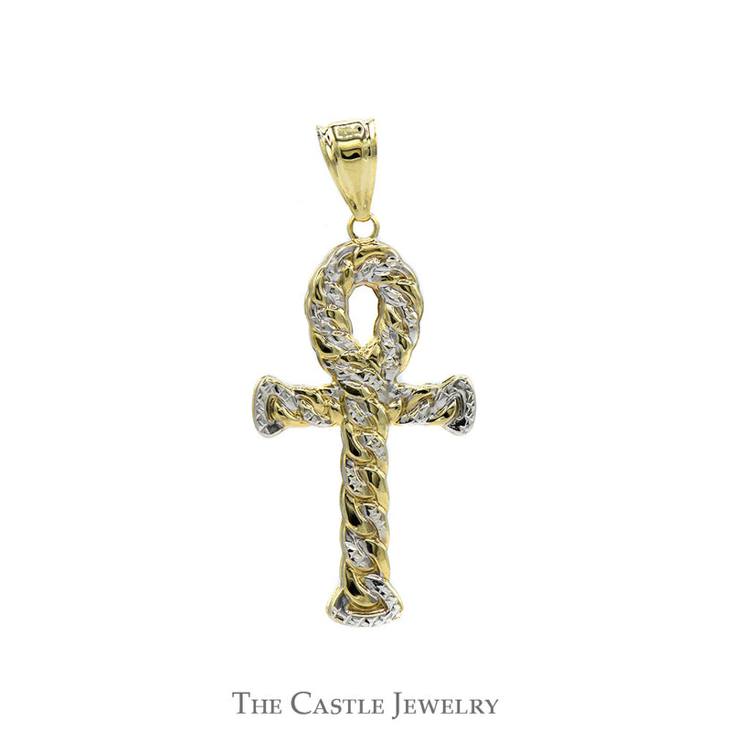 Two Tone Ankh Pendant with Chain Link Design in 10k White & Yellow Gold