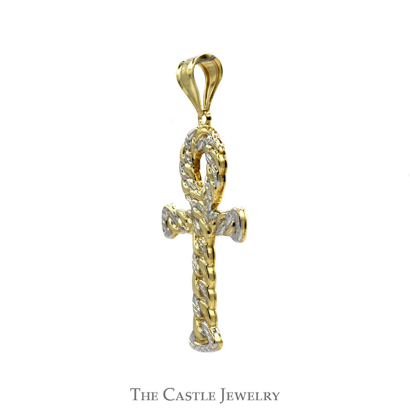 Two Tone Ankh Pendant with Chain Link Design in 10k White & Yellow Gold