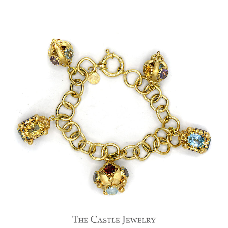 7 Inch Antique Style Multi Gemstone Link Bracelet in 18k Yellow Gold