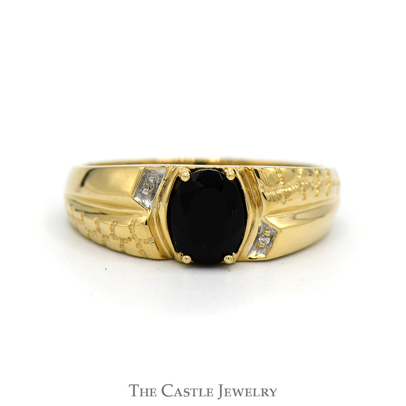 Oval Cut Black Onyx Ring with Diamond Accents & Nugget Textured Sides in 10k Yellow Gold