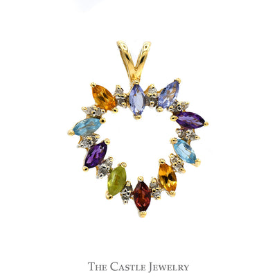 Multi Gemstone Open Heart Pendant with Diamond Accents in 14k Yellow Gold