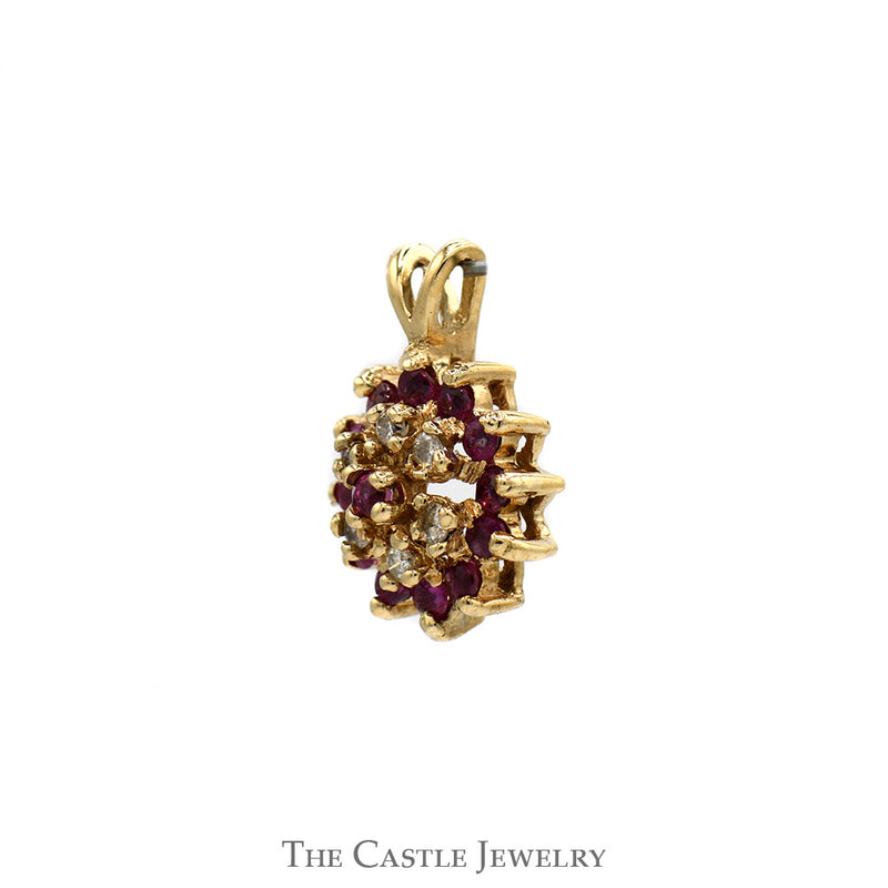 Round Shaped Ruby & Diamond Cluster Pendant in 10k Yellow Gold