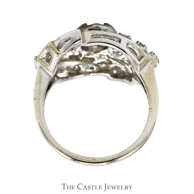 Antique Style Old European Cut Diamond Ring with Round Diamond Cluster Accents in 14k White Gold