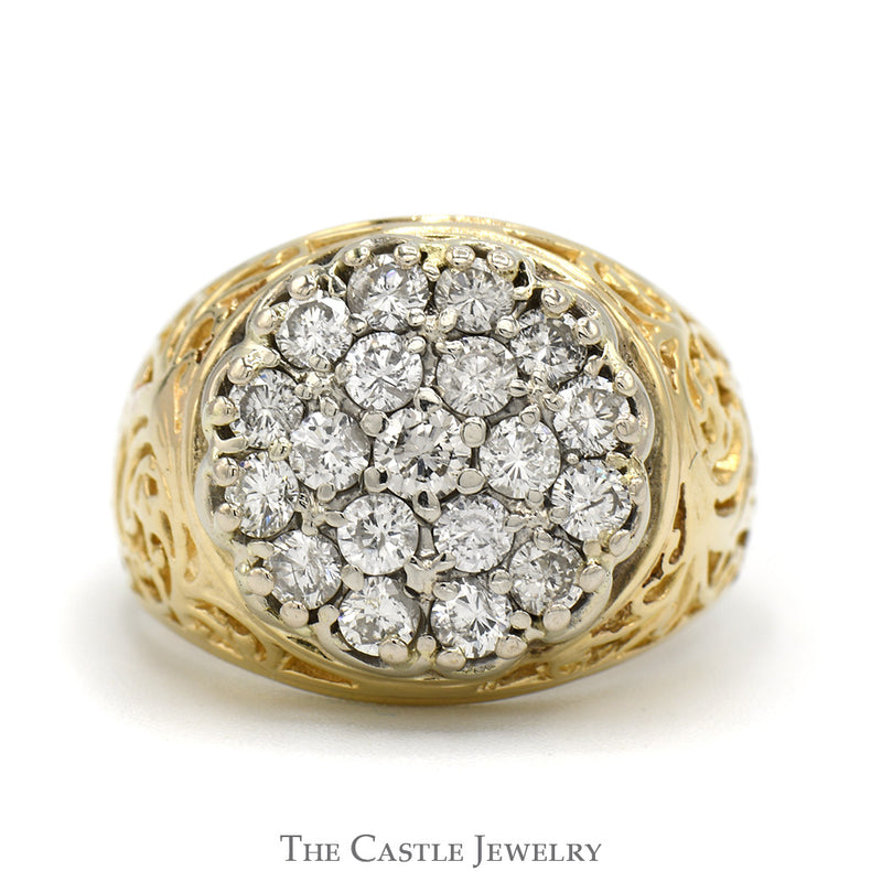 2cttw Diamond Kentucky Cluster Ring with Open Filigree Sides in 10k Yellow Gold