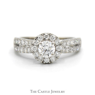 1.5cttw Round Diamond Solitaire Engagement Ring with Diamond Halo and Accented Sides in 14k White Gold