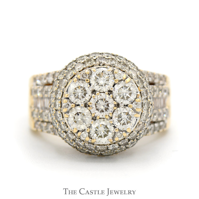 3cttw Round Diamond Cluster Ring with Double Diamond Halo & Multi Row Diamond Sides in 14k Yellow Gold