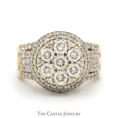 3cttw Round Diamond Cluster Ring with Double Diamond Halo & Multi Row Diamond Sides in 14k Yellow Gold