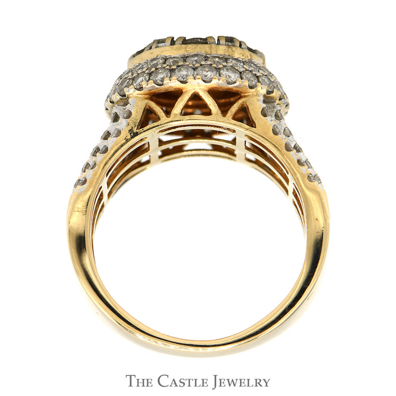 3cttw Round Diamond Cluster Ring with Double Diamond Halo & Multi Row Diamond Sides in 14k Yellow Gold