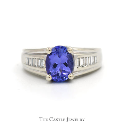 1.97ct Oval Tanzanite Solitaire Ring with Baguette Cut Diamond Accented Sides in 14k White Gold