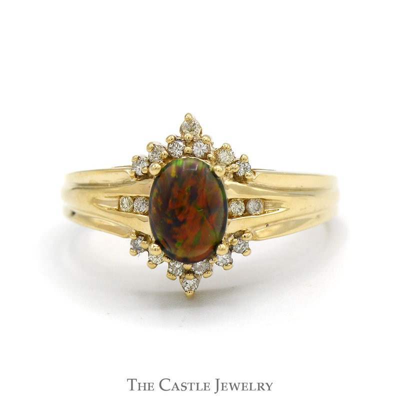 Oval Cabochon Opal Ring with Diamond Accents in 10k Yellow Gold