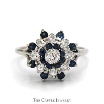 Sapphire & 1/2cttw Diamond Snowflake Cluster Ring in 14k White Gold