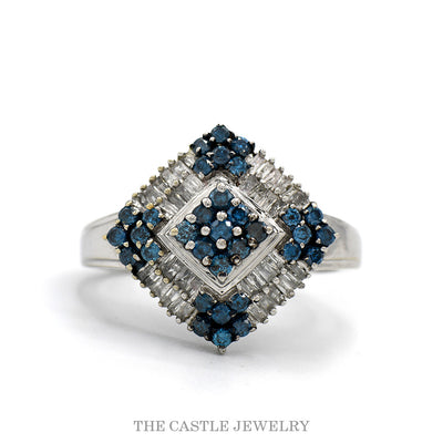 10k white gold square shaped blue and white diamond cluster ring — top view