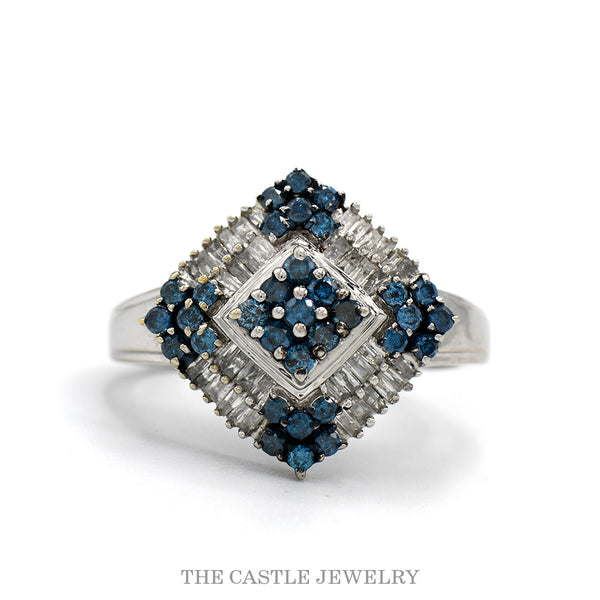 10k white gold square shaped blue and white diamond cluster ring — top view
