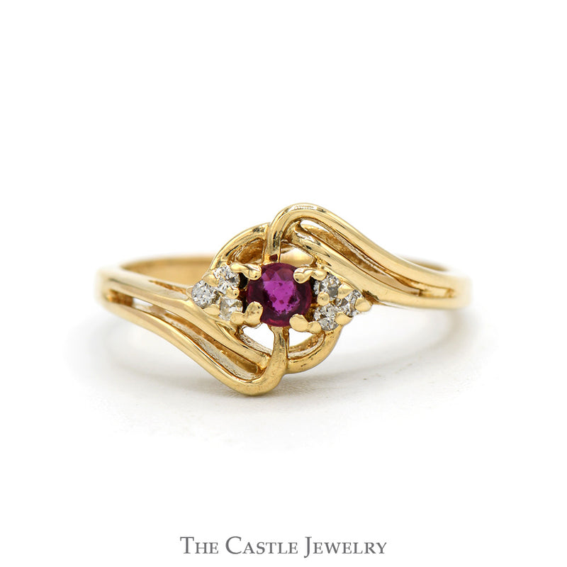 Round Ruby Ring with Illusion Set Diamond Accents in 14k Yellow Gold Open Swirled Bypass Mounting