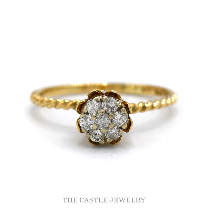 7 Round Diamond Flower Cluster Ring in 14k Yellow Gold with Twisted Designed Sides