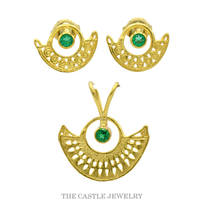 Round Emerald Earring and Pendant Set with Open Fan Design in 18k Yellow Gold