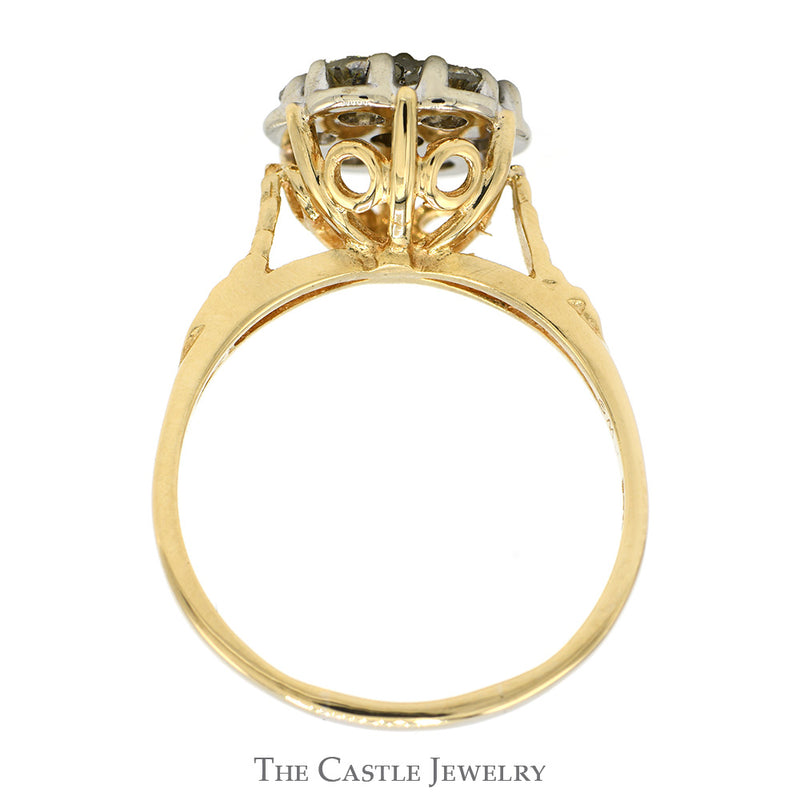1cttw Round Shaped 7 Diamond Cluster Ring with Detailed Leaf Designed Sides in 14k Yellow Gold