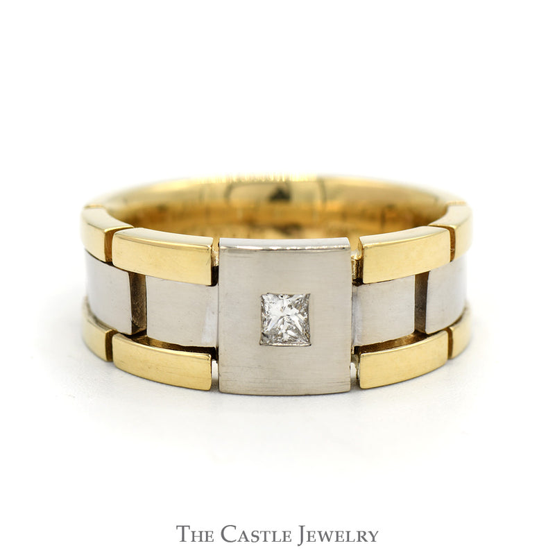 Two Tone Link Designed Band with Princess Cut Diamond Solitaire in 14k White & Yellow Gold