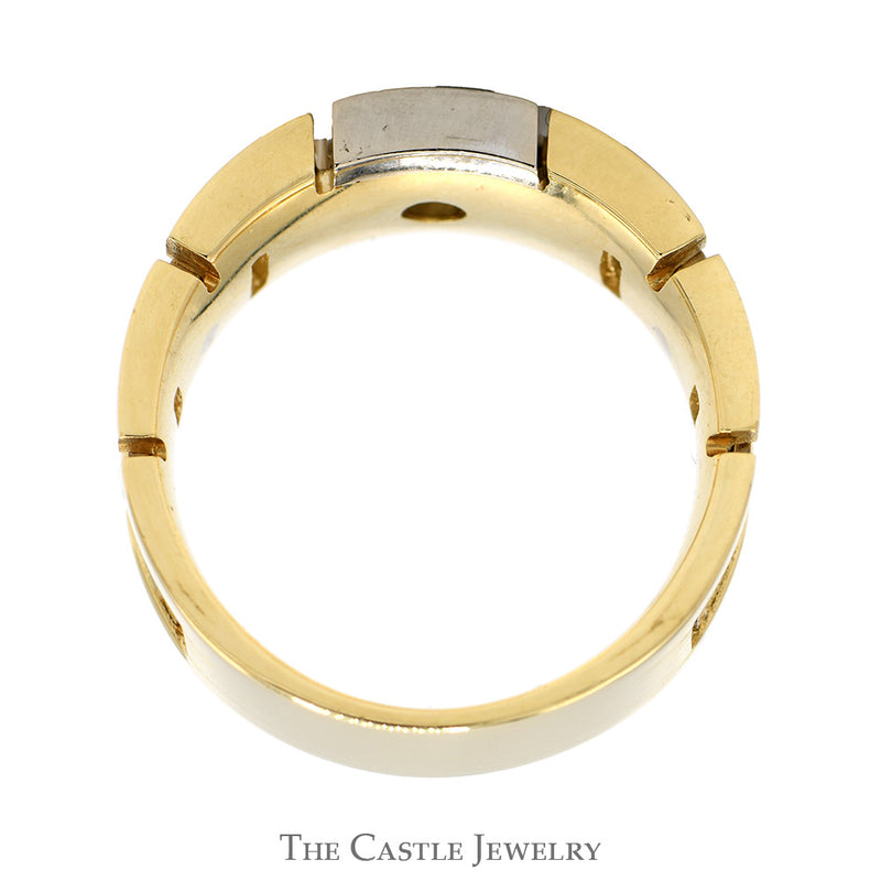 Two Tone Link Designed Band with Princess Cut Diamond Solitaire in 14k White & Yellow Gold