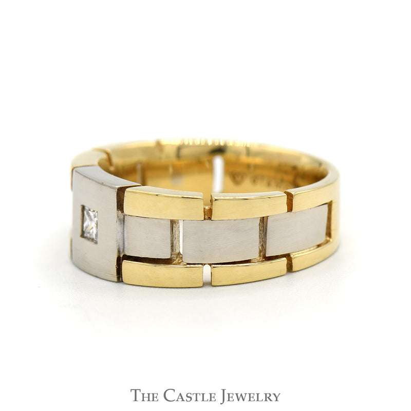 Two Tone Link Designed Band with Princess Cut Diamond Solitaire in 14k White & Yellow Gold