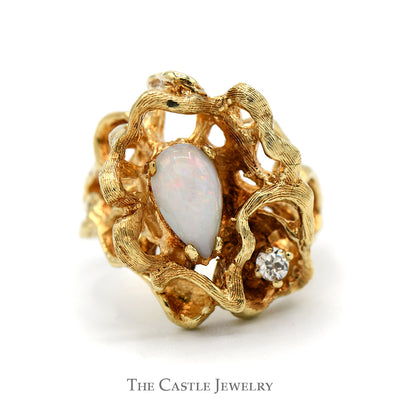 Pear Cut Opal Ring with Diamond Accent in 14k Yellow Gold Coral Designed Free Form Setting