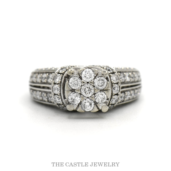 14k white gold 1ctw diamond cluster ring with multi-row shoulders — top view