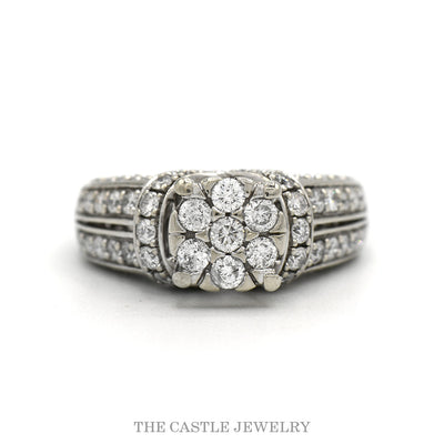 14k white gold 1ctw diamond cluster ring with multi-row shoulders — top view