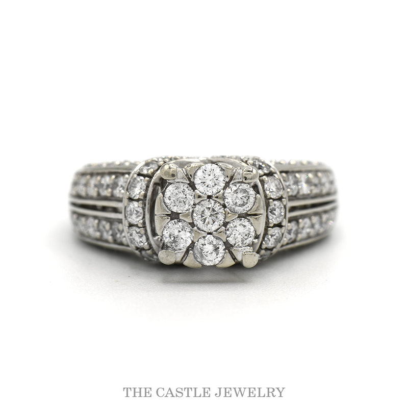 14k white gold 1ctw diamond cluster ring with multi-row shoulders — top view