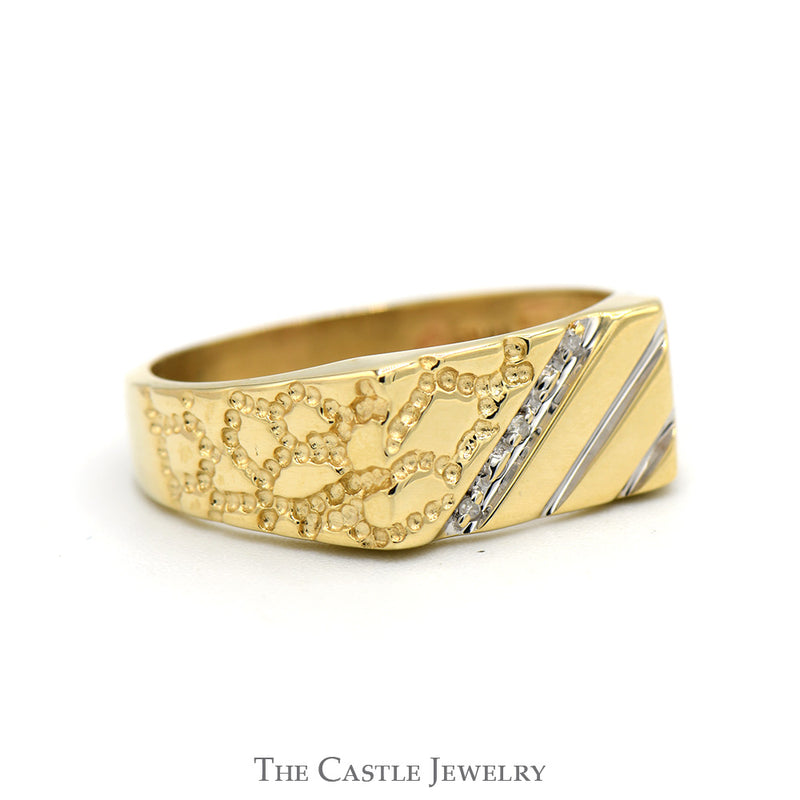 Diagonally Set Diamond Accented Nugget Textured Ring with Ridged Design in 10k Yellow Gold