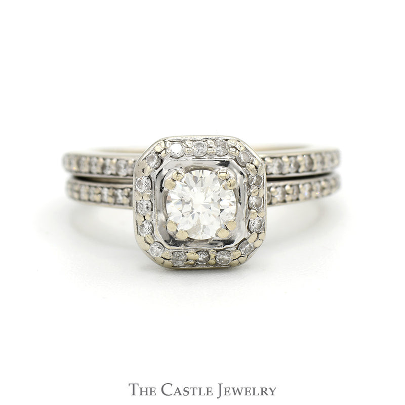 Round Diamond Solitaire Bridal Set with Diamond Halo & Matching Soldered band in 10k White Gold
