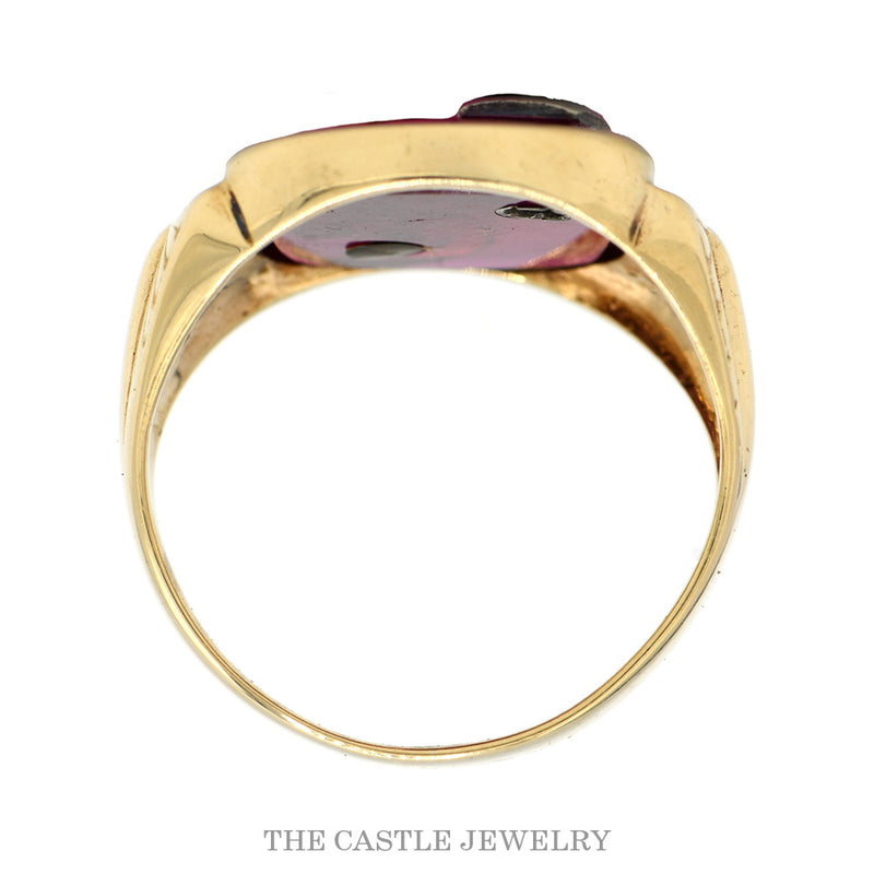 Men's "E" Ring with Diamond Accent on Synthetic Red Stone in 10k Yellow Gold