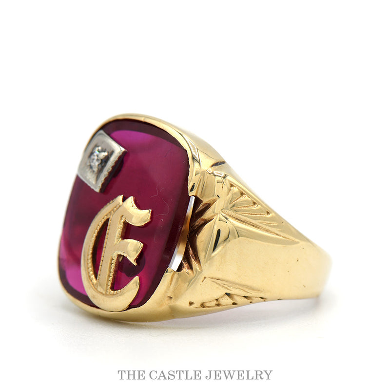 Men's "E" Ring with Diamond Accent on Synthetic Red Stone in 10k Yellow Gold