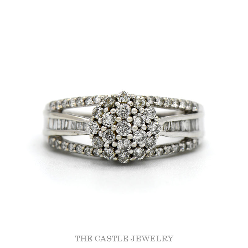 1cttw Round Diamond Cluster Ring with Diamond Accented Split Sides in 10k White Gold