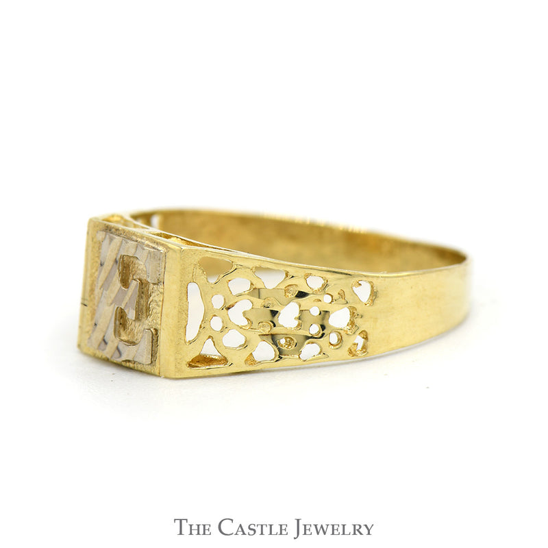 Two Tone Gold "E" Ring with Open Nugget Textured Sides in 14k Yellow & White Gold