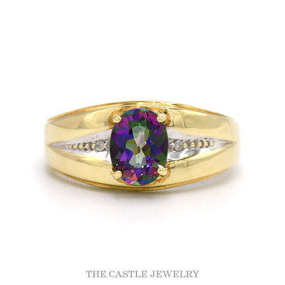Oval Mystic Topaz Ring with Illusion Set Diamond Accented Sides in 10k Yellow Gold