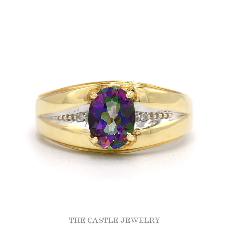 Oval Mystic Topaz Ring with Illusion Set Diamond Accented Sides in 10k Yellow Gold